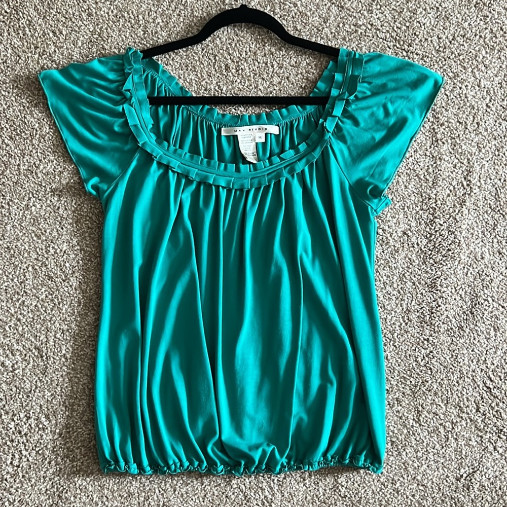 Max studio teal scoop neck top w/flutter sleeve & bubble hem sz M like new - Picture 3 of 6
